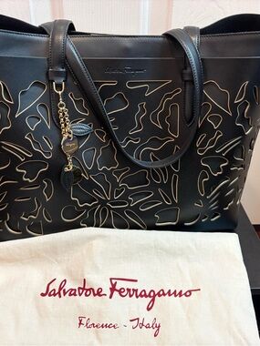 Salvatore Ferragamo Black Leather Laser-Cut Tote with Gold Charm